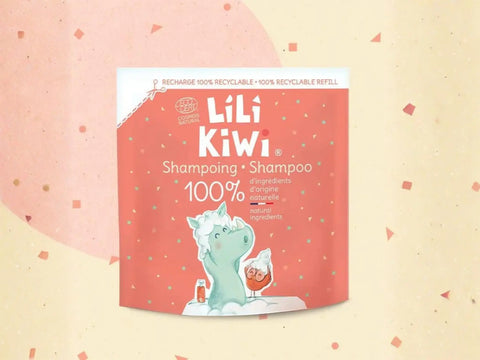 Recharge shampoing doux LiliKiwi pour bébé, flacon élégant avec étiquette claire, idéal pour cheveux délicats et sans piqûre aux yeux.