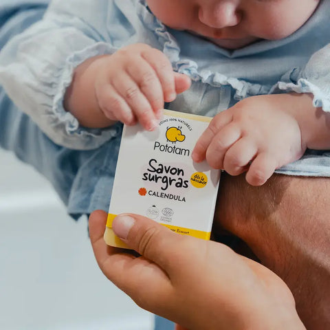 Savon surgras Calendula pour bébé de la marque Pototam, douceur pour la peau dès la naissance, format bain et douche