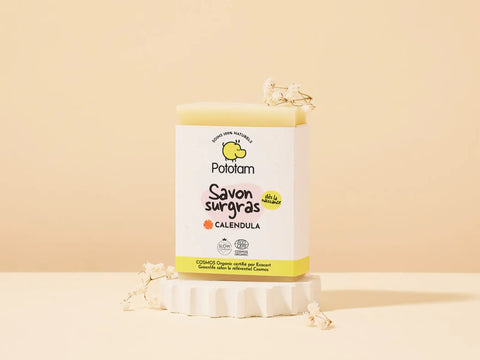 Savon surgras Calendula Pototam pour bébé, savon bain et douche doux dès la naissance, texture crémeuse et apaisante