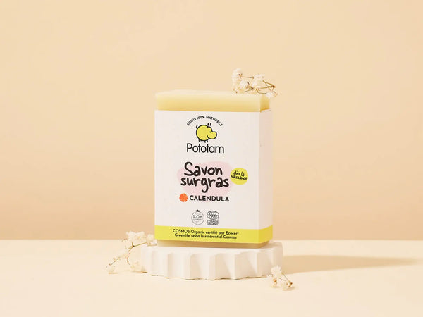 Savon surgras au calendula pour bébé de la marque Pototam, idéal pour bains et douche dès la naissance.