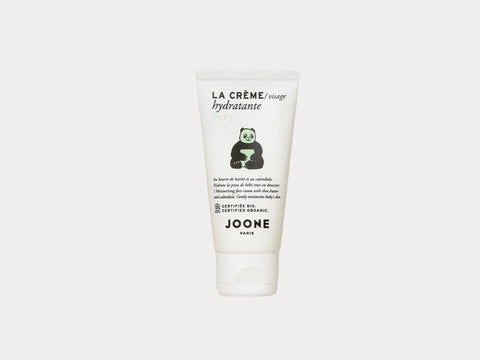 Crème visage et corps hydratante pour bébé Joone, 50ml, tube blanc avec bouchon rose, idéal pour la peau sensible des bébés.