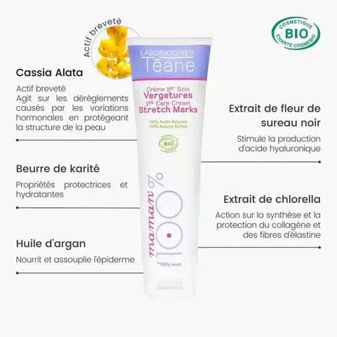 Crème anti-vergetures Laboratoires Téane 150 ml pour visage et corps, texture riche et hydratante.