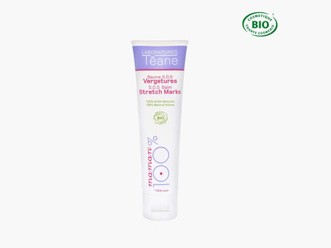 Baume SOS Vergetures Laboratoires Téane pour visage et corps, flacon de 100 ml, texture hydratante et soin apaisant.