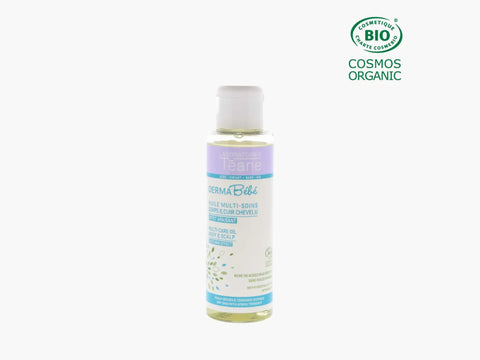 Huile bébé multisoins Laboratoires Téane pour visage et corps, flacon de 100 ml, texture douce et hydratante pour la peau fragile.