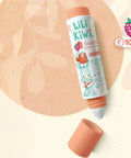 Dentifrice bébé à la framboise et litchi LiliKiwi, tube blanc avec étiquette colorée, destiné à renforcer et protéger l'émail dentaire.