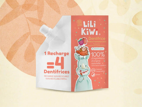 Recharge dentifrice framboise litchi LiliKiwi pour visage et corps, renforçant et protégeant l’émail dentaire.