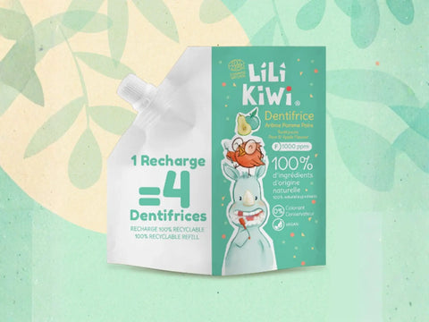 Recharge dentifrice Pomme Poire LiliKiwi pour visage et corps, renforce et protège l'émail, format pratique et écologique.