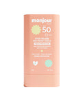 Stick solaire SPF 50 pour visage et lèvres, marque Monjour, avec protection solaire haute pour enfants dès 6 mois.