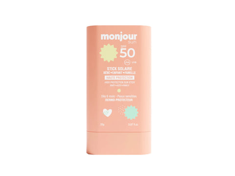 Stick solaire SPF 50 pour visage et lèvres, marque Monjour, avec protection solaire haute pour enfants dès 6 mois.