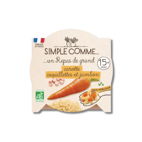 Carotte coquillettes au jambon bio pour bébé de 15 mois, 190 g, de la marque Simple Comme, prête à servir.