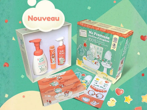 Coffret MA PREMIÈRE ROUTINE de LiliKiwi, produits naturels et vegan pour une routine de soin douce et respectueuse de la peau