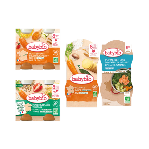 Box repas Babybio pour bébé de 8 mois avec plat végétarien pour une semaine de repas du midi, présentation des pots.