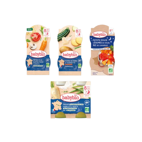 Pack de repas du soir pour bébé de 8 mois, boîte Babybio, comprenant une semaine de repas pour nourrissons.